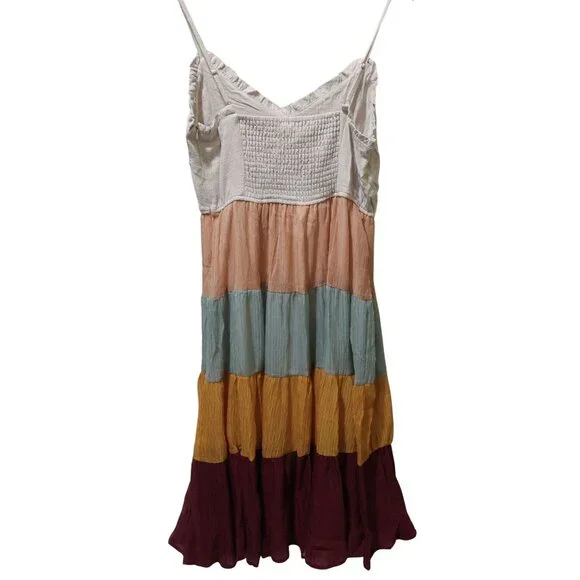 NWT Voy Linen Blend Spaghetti Strap Multi Color Dress W/ Smocked Back~Medium - Picture 2 of 9